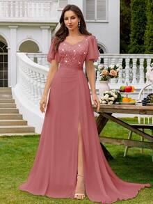 MIUSOL Sweetheart Neck Sequin Lace Ruffle Sleeve Split Thigh Chiffon Formal Party Maxi Dress