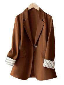 Whisplicity 大码女式休闲/工作袖口条纹撞色单扣长袖西装外套