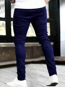 1 件男士黑色修身弹力拉链口袋牛仔裤 - 深色水洗藍 - 查看 2