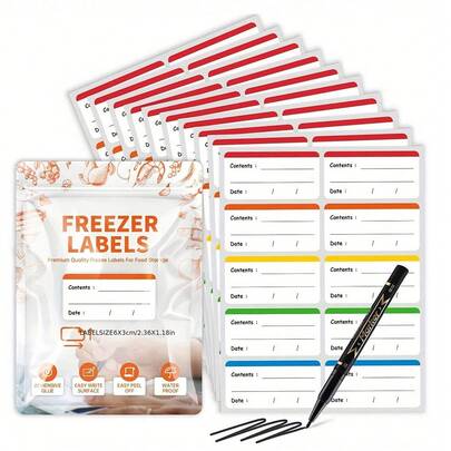 100/10张彩色冷冻标签食品储存标签贴纸，冰箱贴纸可移除，适用于食品容器，冷冻餐食标签，用于厨房整理，返校季，学习用品，学校，美观的学习用品，文具