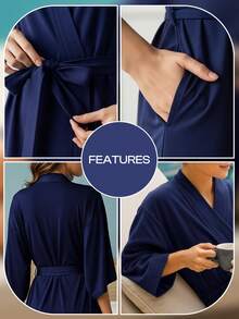 NY Ultra-Soft Cotton-Blend Robe For Women [ EXPRESS DELIVERY ] – Full-Length Lightweight Kimono-Style Dressing Gown With V-Neck, 3/4 Sleeves, Adjustable Inner & Outer Belt Ties, Generous Front Pockets & Relaxed Fit – Premium Cotton/Polyester Blend For Breathable Softness And Lasting Durability – Ideal Year-Round Lounging, Post-Shower Spa Wrap, Beach Cover-Up, Bedtime Comfort Or Travel Companion – Machine-Washable At 30 °C For Easy Care – Available In Multiple Colours And Sizes – Perfect Gift For Her On Birthdays, Mother's Day, Bridal Showers & Special Occasions - Navy Blue - View 6