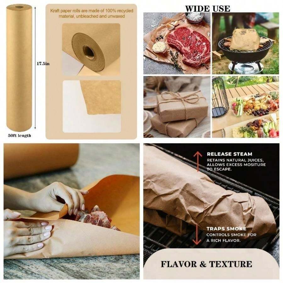 Papel de carnicero marrn para ahumar carne, 17.5x 50 pies, rollo de papel de carnicero de grado alimenticio, sin encerar, sin blanquear para envolver carne - marrón 50 pies - Ver 1