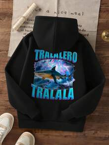 1件装男童休闲印花套头卫衣，保暖内衬，长袖，秋冬季 - 黑色 - 查看 3