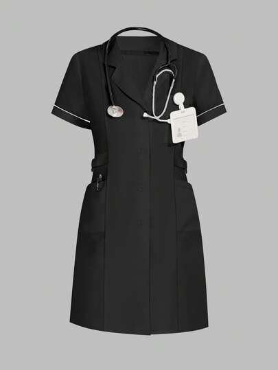 女士短袖撞色腰部可调节修身口袋护士服工作服牙医保健宠物医院实验室制服套装