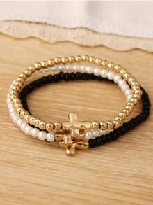 3 Pieces Set Vintage & Minimalist Cross Pendant Elastic Bracelets - Perfect For Everyday Wear Or Gift