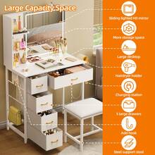 Tomnk LED Lighted Vanity Table Set With 80cm Large Mirror, 3 Color Adjustable Lights, 5 Fabric Drawers & Storage Shelf, White Makeup Dressing Desk With Stool, USB Powered Bedroom Vanity For Women - 美規B型插(110-127V) - 查看 4