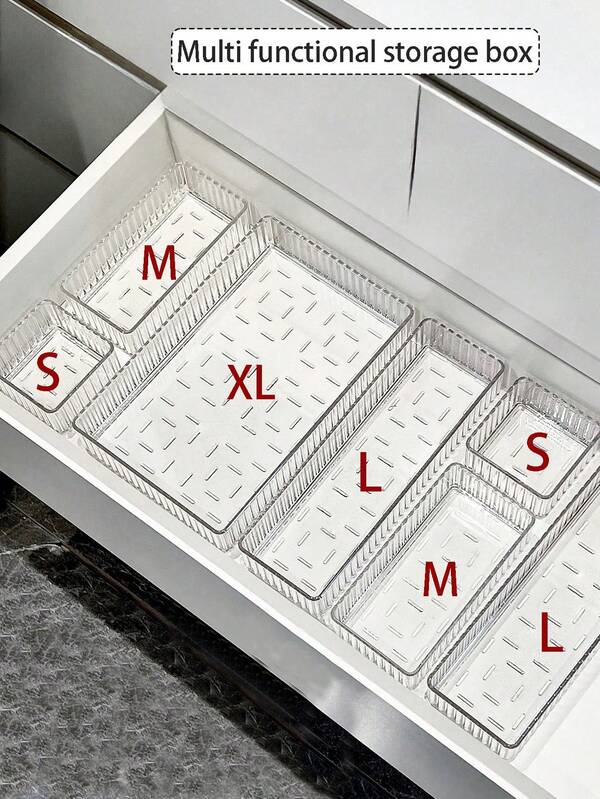 6 piezas/1 set Bandejas organizadoras de cajón transparentes, cajas de almacenamiento de maquillaje, bandejas divisoras de cajón de baño, adecuadas para tocador de dormitorio, cosméticos, papelería, vajilla, ideal para regalos de Año Nuevo y Navidad