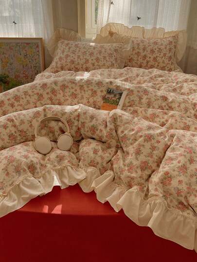 Juego de ropa de cama de 4 piezas con encaje, suave y cómodo, diseño de encaje, patrón floral y de animales de dibujos animados, transpirable y suave para todas las estaciones, incluye 1 funda nórdica, 1 sábana, 2 fundas de almohada, sin relleno, adecuado para dormitorio, dormitorio, uso doméstico, disponible en varios tamaños