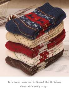 5 Pairs Of Cozy Reindeer Print Mid-Calf Socks - Warm, Thick Christmas Socks For Women, Festive Animal Design In Red, Beige, Brown, And Navy Blue, Perfect For Holiday Celebrations, Christmas Socks,Christmas Surprise Gifts,Valentine's Day Gifts, New Year's Gifts - Multicolor - View 1
