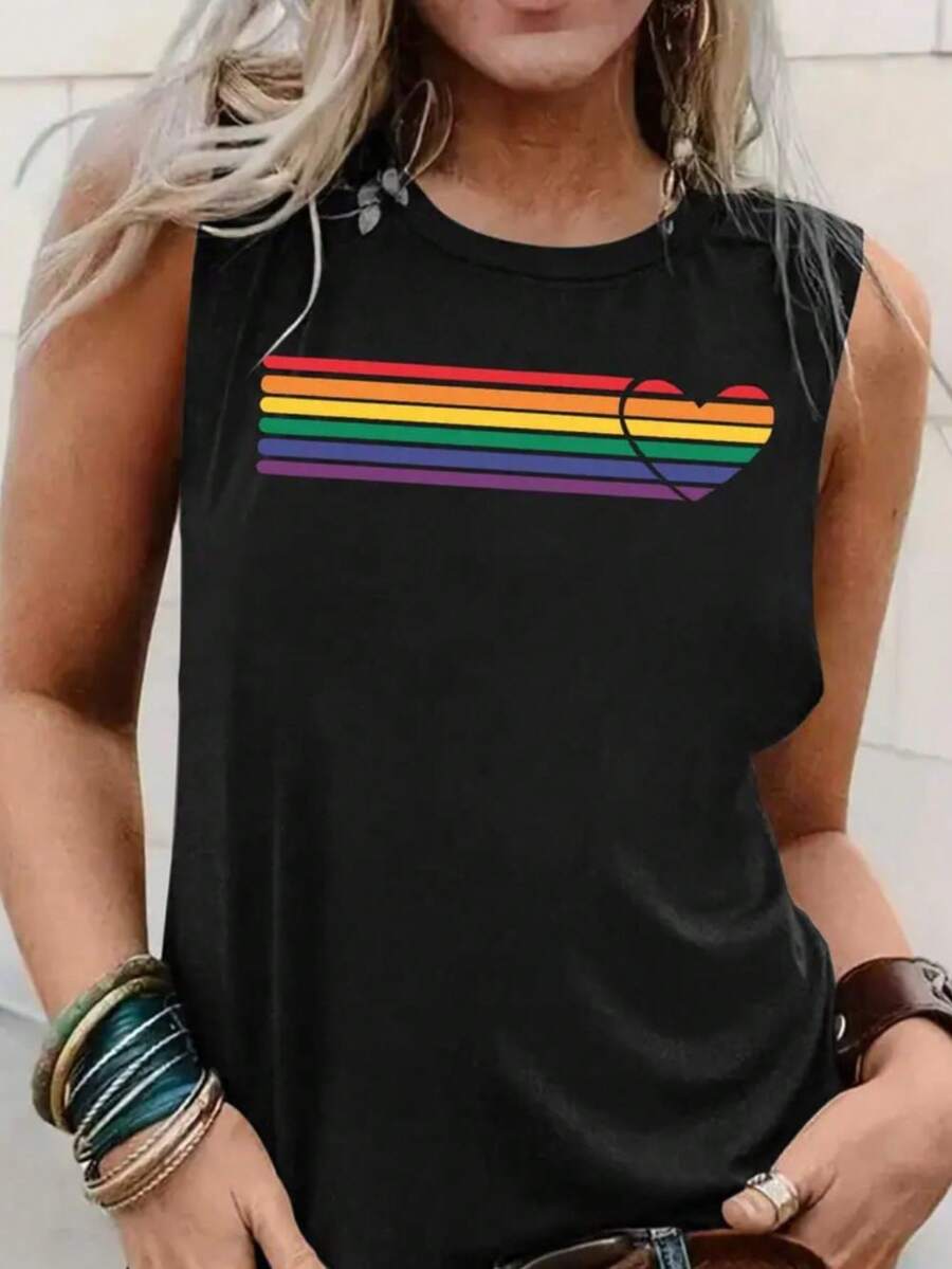 Women's Tank Top 100% Cotton Colorful Print Heart Casual Unisex Style Fashion Summer  Round Neck Sleeveless Comfortable!! - màu đen - Xem 1