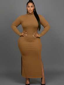 Elegant Plus Size Black Rib Knit Maxi Dress With High Neck And Long Sleeves, Fitted Style With Slit Hem For Party - 摩卡 - 查看 1