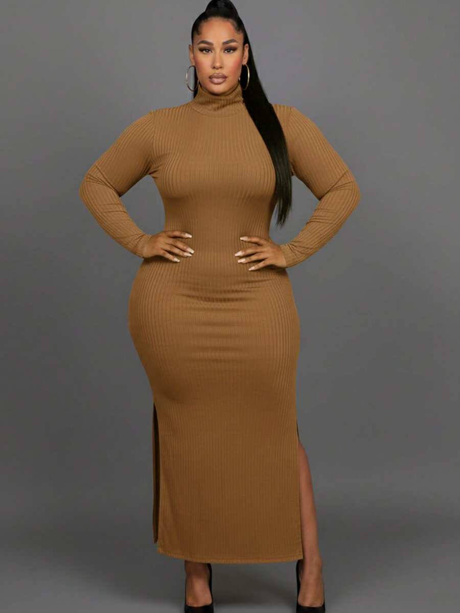 Elegant Plus Size Black Rib Knit Maxi Dress With High Neck And Long Sleeves, Fitted Style With Slit Hem For Party - 摩卡 - 查看 1