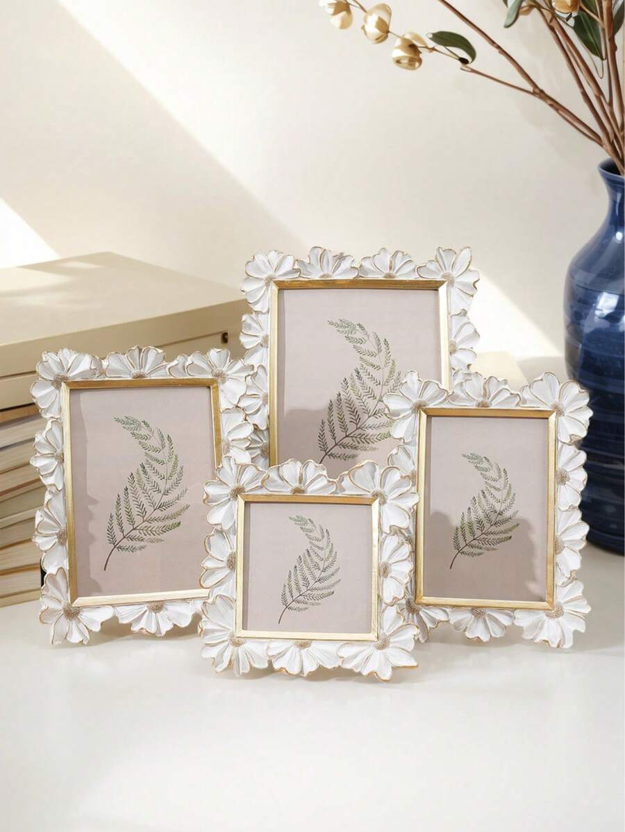 1pc White Resin Frame With Gold Trim, 3D Daisy Flower Pattern Decorative Photo Frame, Square Shape For Home Desktop Display, Horizontal & Vertical Use, Suitable For Home Decor And Photography Props