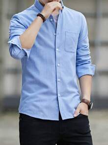 Camisa de manga larga de color azul sólido clásica para hombre, elegante de negocios casual caballerosa - Azul - Ver 3