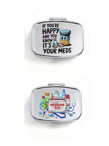 Caja de píldoras portátil con compartimentos duales y diseño de serie de letras con patrón lindo, caja de almacenamiento de metal en miniatura adorable, caja de píldoras portátil para volver a la escuela, regalo personalizado con logotipo de dibujos animados - Plateado - Ver 15