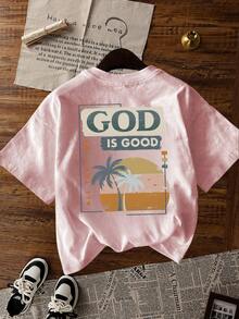 Women's Petite Size GOD Slogan Graphic Round Neck Short Sleeved T-Shirt , Casual Loose And Versatile Holiday Style Oversize Tops, Fashionable Summer Suitable For Daily Holiday Wear