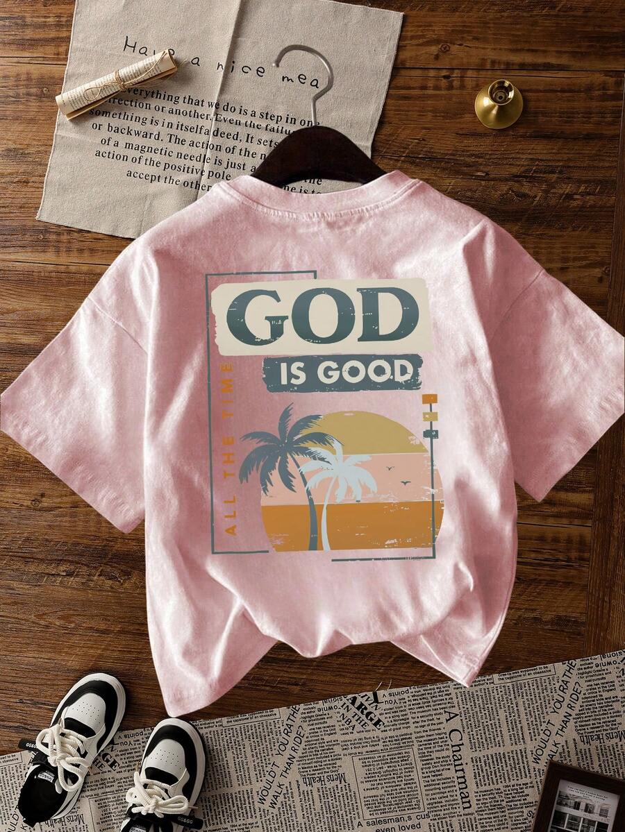 Women's Petite Size GOD Slogan Graphic Round Neck Short Sleeved T-Shirt , Casual Loose And Versatile Holiday Style Oversize Tops, Fashionable Summer Suitable For Daily Holiday Wear
