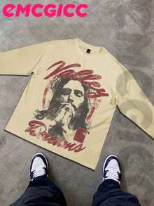 Manfinity Y2k Long Sleeve Shirts ,Graphic T Shirt Cotton 250g,Fashionable Hip-Hop For Men -  Long Sleeve T-Shirts, Funny Vintage Shirts,Regular Fit, Street Style, Digital Print,  Ideal Gift - 米色 - 查看 2