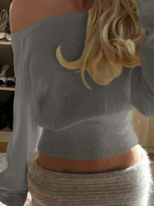 女士休闲优雅纯色露肩蝙蝠袖套头针织卫衣，露肩短款上衣，可爱卫衣，适合春、夏、秋季及开学季穿着 - 灰色 - 查看 5