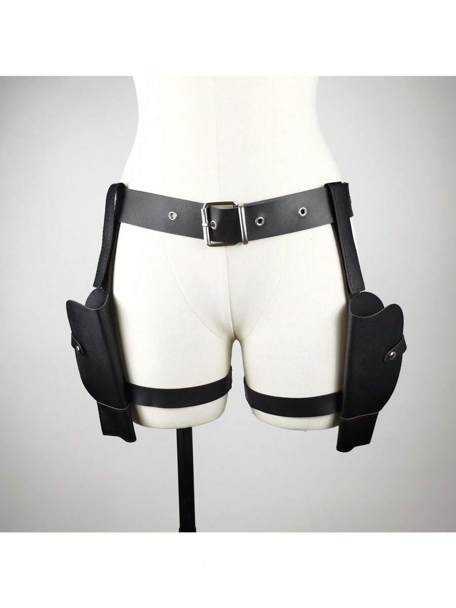1pc Adjustable Western Cowboy Belt With Dual Holsters - Black Faux Leather Waistband, Golden-Tone Buckle & Rivets, Western Accessory For Role-Play, Cosplay, Cowboy Costumes (Holster Belt For Gun Props, No-Wash Care) - A - 查看 1