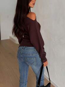 优雅时尚休闲不对称肩部针织毛衣，修身不对称套头衫，适合日常通勤 - 棕色 - 查看 6