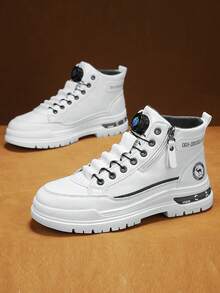 男士高帮皮革摩托车靴，旋转扣设计，纯色，厚底，户外骑行，派对，旅行，校园，学生，青少年，四季皆宜，皮革，舒适的衬里，靴子，侧拉链和旋转扣设计，方便，摩托车靴，户外靴 - 白灰 - 查看 5