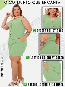 Women's Plus Size Set Luxurious Sensory Vest And Shorts - Mint Green - View 2