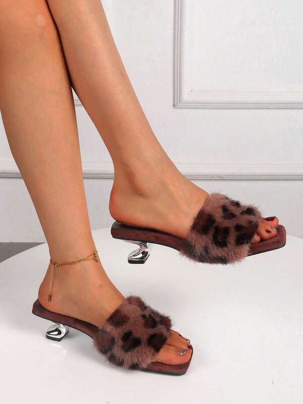 Papuci de damă pufoși cu toc mediu și vârf deschis, cu imprimeu leopard, sandale/papuci de toamnă/iarnă, cu vârf pătrat