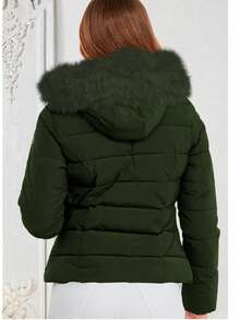 Chamarra para mujercon cierre frontal y bolsillos laterales con capucha y diseño moderno moda casual Chamarra Capitonada Moda Dama Moderna Forro Peluche Moderna - Verde - Ver 3
