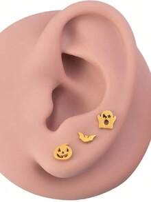 3 Pairs/Set Of Cute Creative Halloween Earrings, Pumpkin Ghost Stainless Steel Anti Allergy - Personalized Fashion Earrings Suitable For Holiday Celebration