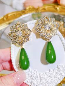SEQUITO 2件套迪拜设计师女士耳饰，镀金密镶AAA级立方氧化锆花朵水滴绿色耳坠，适合宴会佩戴 - 5.5厘米 - 查看 9