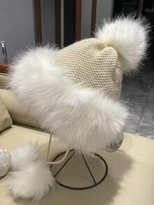 1 件蓬松流苏圣诞帽，圣诞氛围帽，温暖挂球针织帽，适合秋冬季 - 彩色 - 查看 5