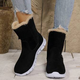 Women's Snow Boots, Solid Color Western Style, Fur Lining, Fluffy Fur Trim, Indoor/Outdoor Winter