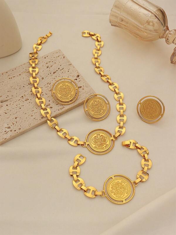 1 Set Vintage Copper Alloy Gold-Plated Round Coin Jewelry Set, Including Necklace, Ring, Earrings, Bracelet, Turkish/Saudi Style 4pcs