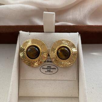 Vintage Metal Tiger Eye Stud Earrings, Unique Textured Hammered Finish, Luxurious Icy Luster, Versatile