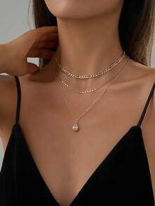 Tkool Bộ 3 dây chuyền nhiều lớp, thiết kế dây xích dẹt dày thời trang, đính đá Cubic Zirconia hình giọt nước bằng đồng, thích hợp cho phái nữ đeo khi đi nghỉ ở bãi biển - Vàng - Xem 3