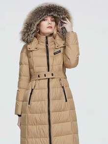 ZIAI Damen Lässig einfarbige Winter Mäntel Neue Mode Gürtel Schlank Dicke Mäntel Damen Herbst Winter Büro Tragen Pelz Kapuze Damen Winter Mantel - Kamelfarben - Übersicht 9