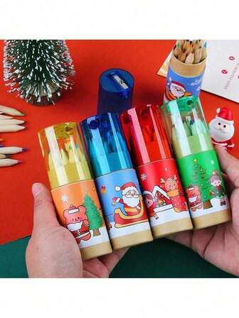 随机发货 彩色圣诞彩色铅笔 内置铅笔刀 随机卡通图案 铅笔架 笔筒 圣诞笔筒 彩色铅笔