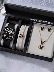 6/1pc/Set Fashionable, Cute, Exquisite And Elegant Square Heart-Shaped Pattern LED Digital Display Electronic Watch, Paired With Butterfly Necklace, Bracelet, Ring, Earring Set, Suitable For Girls' Jewelry Set, Is The Perfect Gift For Parties, Celebrations, Travel, Back To School Season, Christmas, Halloween, Family And Friends Gifts, Commemorative Items
