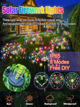 120/150/200 18650-600mAh LED Solar Powered Outdoor Grass Globe Dandelion Fireworks Lamp For Garden Lawn Landscape Holiday Light,LED Solar Powered Ground Mounted Fireworks Lights, Dandelion Light String, Outdoor Festival Courtyard Garden Decoration, Lawn Lights