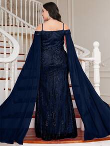 UNITHORSE Vestido formal de longitud hasta el piso con bordado de lentejuelas de corte aleatorio - Azul Marino - Ver 2