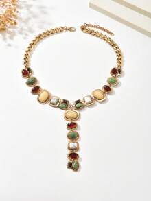 1 件复古夸张时尚仿宝石 Y 形流苏长项链，巴洛克奢华几何粗链项链吊坠，适合女性日常、派对和活动穿着 - 金色 - 查看 4