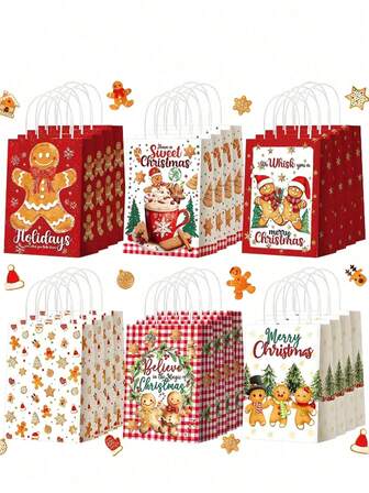 6个圣诞姜饼人图案纸质礼品袋，纸质手柄糖果包装袋，圣诞树，姜饼人，红色格子图案袋，欢乐圣诞设计，金色/白色，适用于饼干、坚果包装，节日派对装饰，圣诞礼物包装