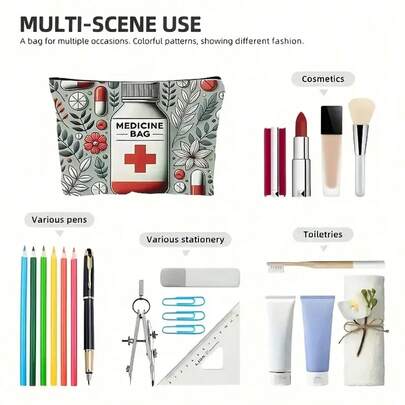 Bolsa de maquillaje con tema farmacéutico y floral - Compacta y plegable para almacenamiento de artículos de aseo de viaje, en beige con cruz roja y patrones de pastillas - El regalo perfecto para mujeres, maestras y amigas, con diseño de cremallera