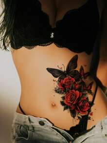 STARTTOOS Black & Red Butterfly Rose Pattern Large Arm Tattoo Sticker, Sexy DIY Tattoo For Carnival, Music Festival, Valentine's Day, Party, Waterproof Realistic Tattoo Sticker For Thigh, Chest, Abdomen, Back - Multicolor - View 3