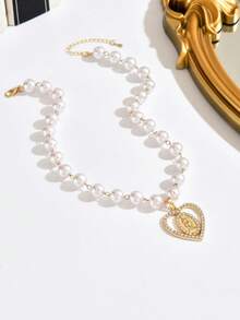 1 Piece Of French Elegant Heart-Shaped Rhinestone Set Faux Pearl Women's Necklace, Stylish And Atmospheric Heart-Shaped Collarbone Chain, Suitable For Daily And Banquet Wearing Jewelry, Elegant Christmas Gift