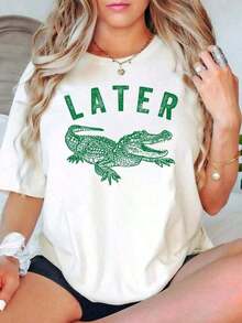 1Pcs,White Top2026,100% Cotton Later Gator Shirt, 180g Alligator Funny Offensive Crocodile Shirt, Loose Type Shirt For Women, Casual And Simple Short Sleeve Women Tops, Summer Women For Top-Unisex Everyday T-Shirts,Cotton Lnisex T-Shirts,Vintage Summer Tops For Women,Summer Shirts,Going Out Tops,Summer Outfits For Women - 白色 - 查看 5