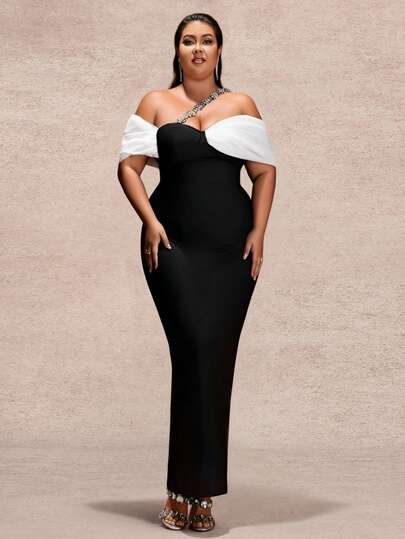 Vestido de noche formal asimétrico/asimétrico con cremallera y cadena metálica para mujer de talla grande para bodas y ocasiones formales