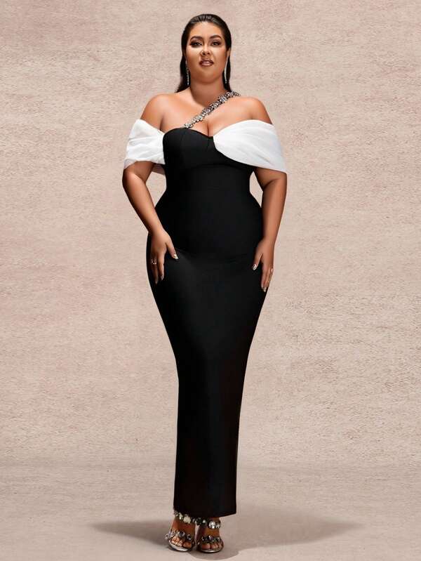 Vestido de noche formal asimétrico/asimétrico con cremallera y cadena metálica para mujer de talla grande para bodas y ocasiones formales