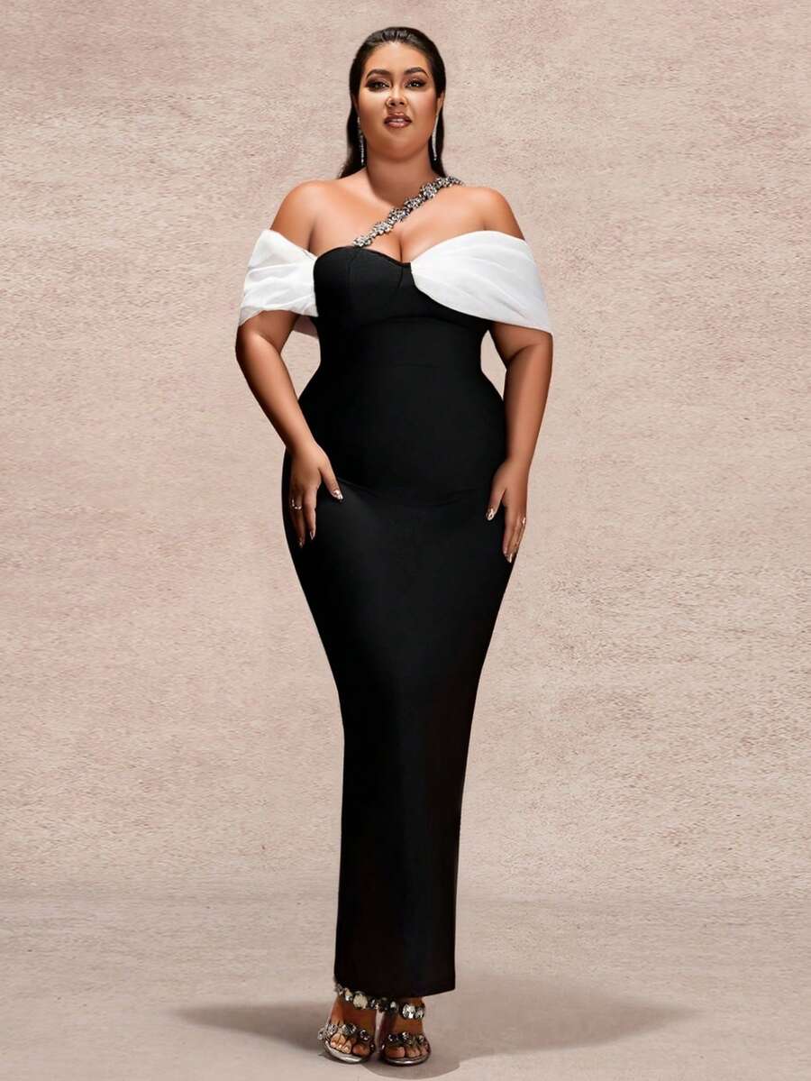 大码女式不对称/不对称拉链金属链正式晚礼服，适合婚礼和正式场合